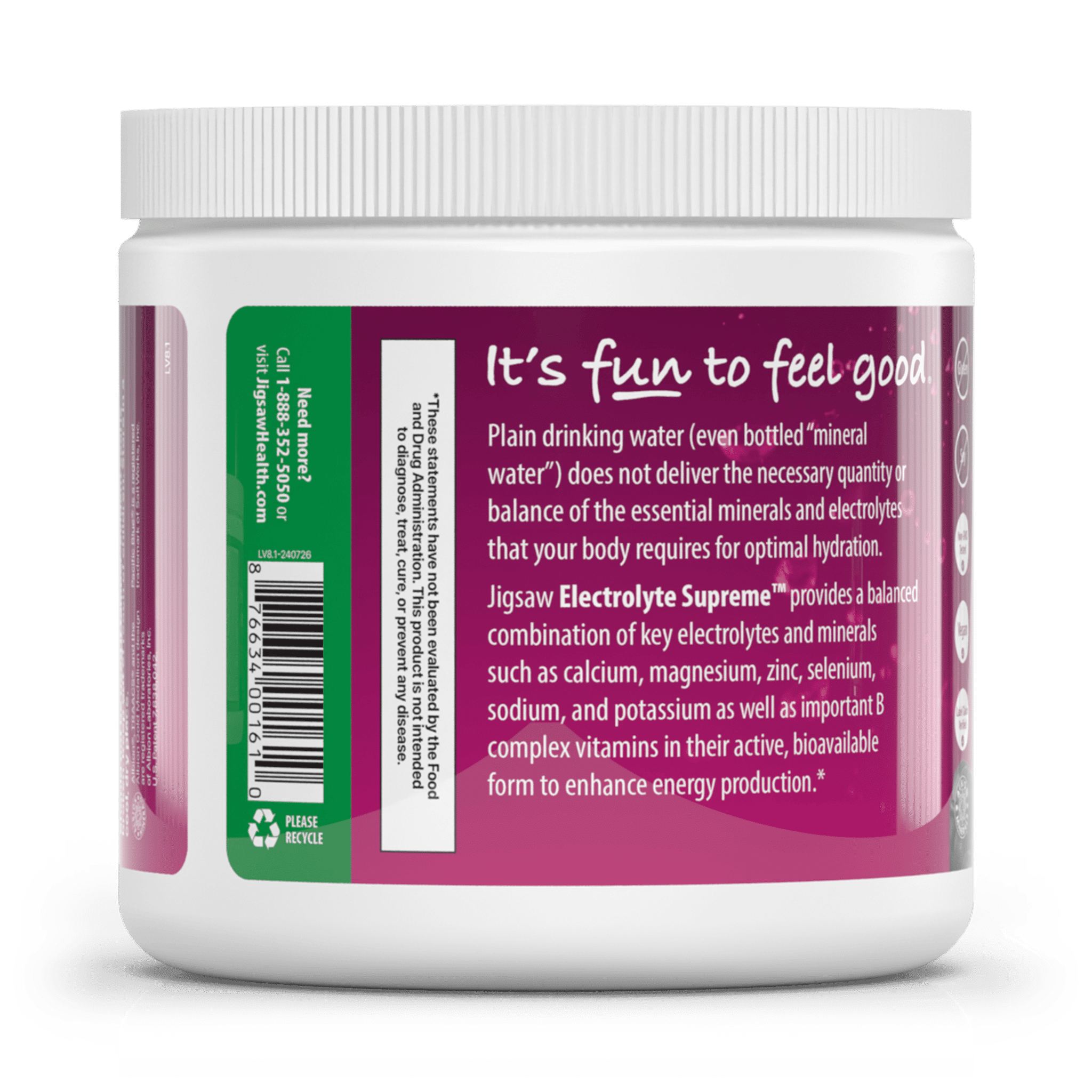 Jigsaw Health Electrolyte Supreme Berry-Licious Flavor, Broad Spectrum of Electrolytes + trace minerals, 60 Servings per Jar