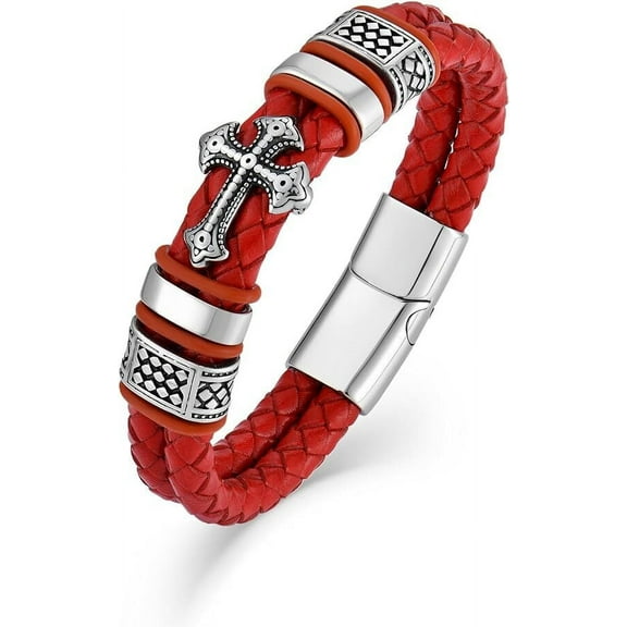 Raymard Mens Christian Cross Double Row Leather Bracelet - 8.1" Red Braided Bracelet for Men