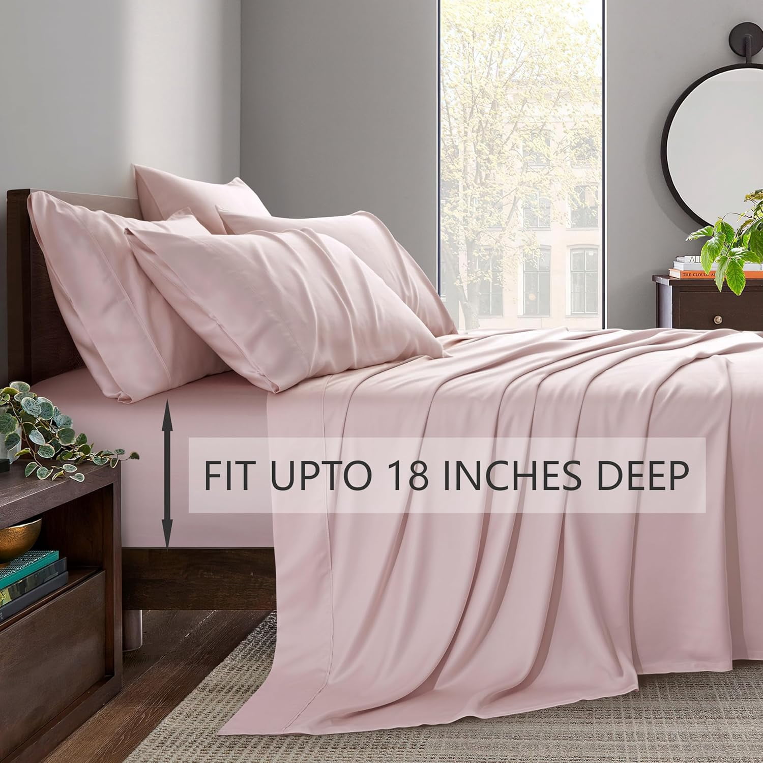 American Home Collection Bamboo Viscose Sheet Set - Silky Soft, Cooling for Hot Sleepers - 18 Inches Deep Pocket - Premium Sateen Finish - Queen, Pink