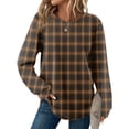 thumbnail image 2 of Women's Round Neck Plaid Print Long Sleeve Casual Loose Fit Basic Top Fall Winter Trendy Outings Everyday Stylish Looks Casual Loose Top Coffee M, 2 of 5