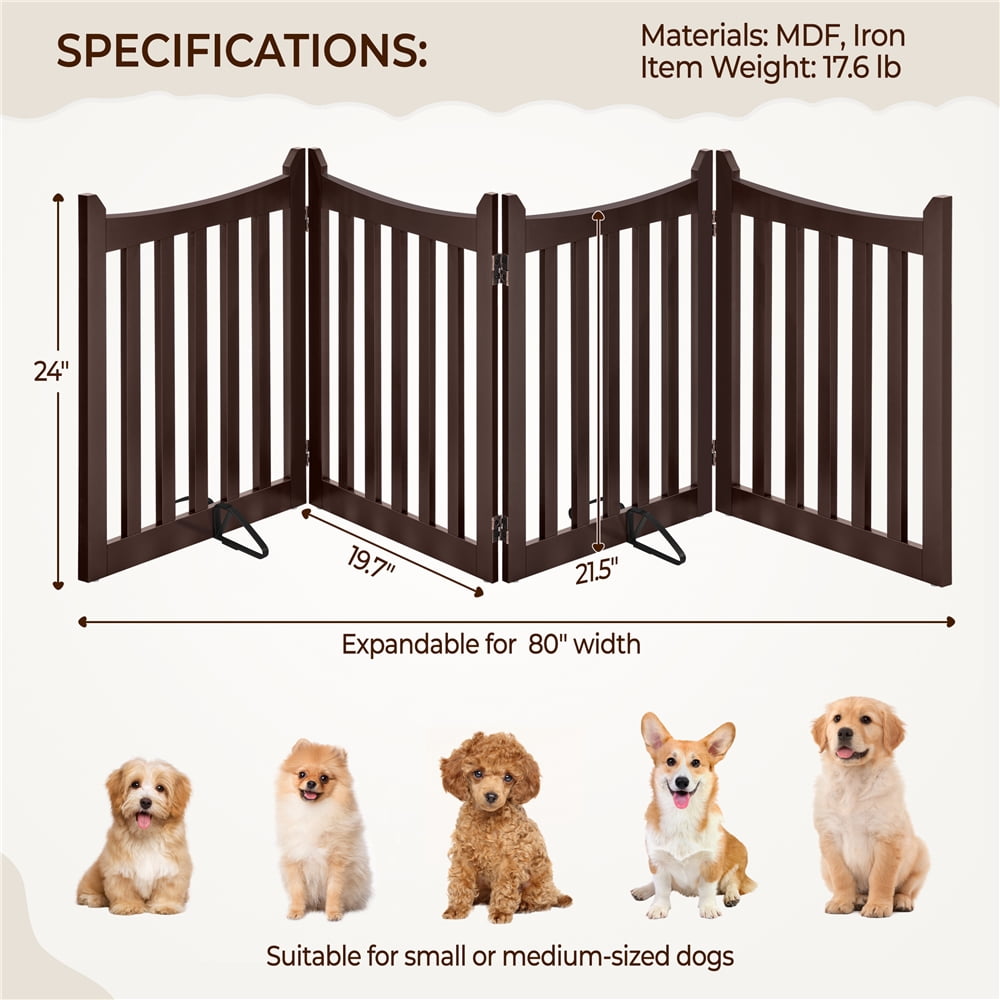 Yaheetech 24" Four-Panel Freestanding Foldable Wooden Pet Gate with Support Feet, Espresso