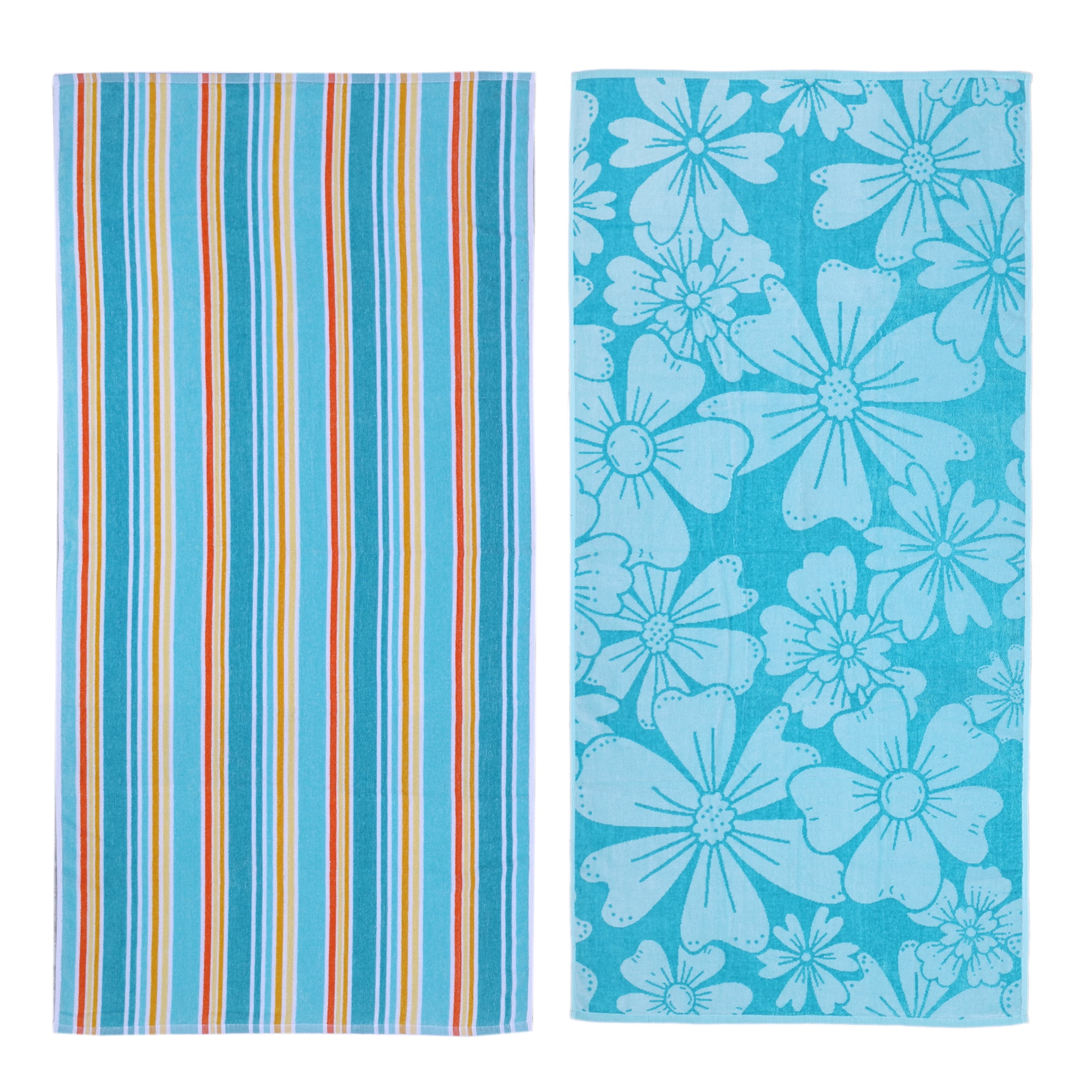 Mainstays 2-Pack Beach Towels, 58 in x 28 in, Green Flower & Stripes