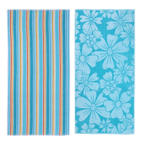 Mainstays Green Flower & Stripes Beach Towels (2 Count)