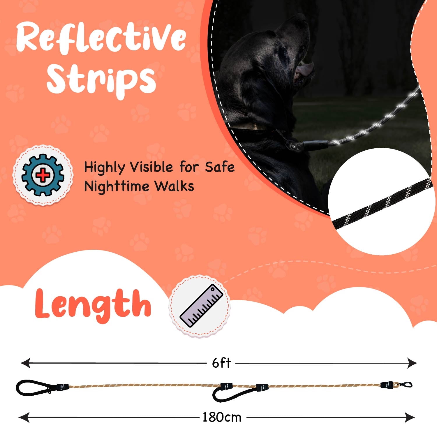 Roam Gear 6 Foot Dog Leash, Nylon, Reflective, Heavy Duty, Padded Handles, Lockable Carabiner, Black