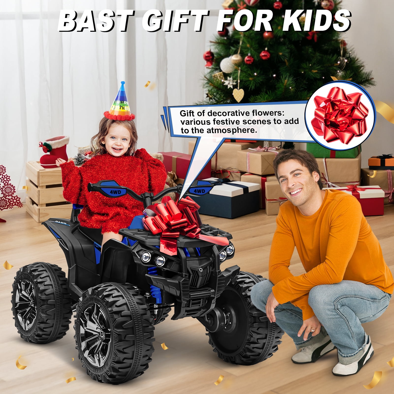 800W Dirt Quad w/ Remote Control - 24V Powered Ride on ATV, Electric Powerful 4-Wheeler for Big Kids, Up to 5.5 mph, Knee Pads, Blue