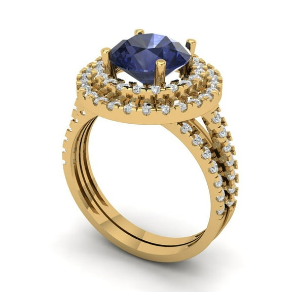 2.68 ct Brilliant Round Cut Blue Sapphire 14K Yellow Gold Halo Solitaire with Accents Engagement Bridal Wedding Ring Band Set size 6.25