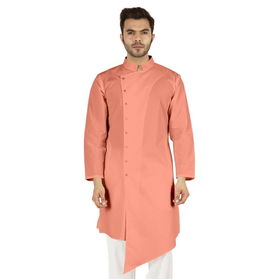 Atasi Casual Solid Long Sleeve Cotton Kurta For Indian Mens Mandarin Collar Irregular Hem Ethnic Shirt