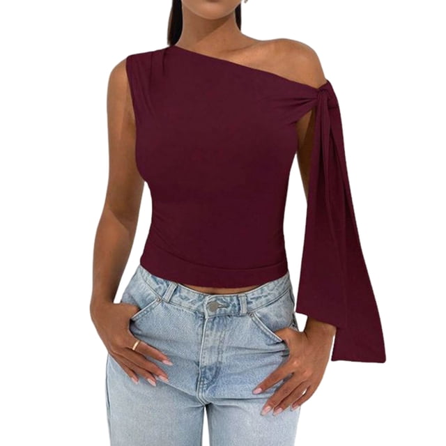 Women'S Ruched One Off the Shoulder Tank Tops Asymmetrical Neck Tie Shoulder Going Out Top Wine Red M