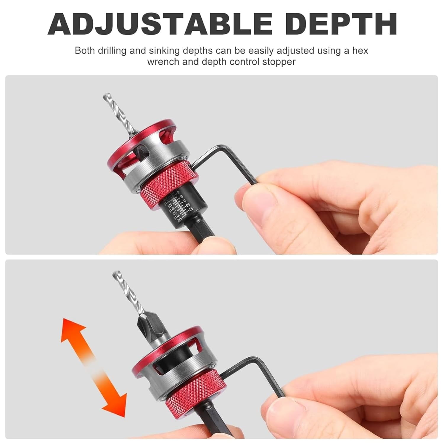 Two-Flute Counterbore with Depth Stop, Adjustable Depth, Carbon Steel Tapered Countersink Hole Drill Bit with 1/4 Inch Hex Shank for Woodworking Tools, Softwood and Hardwood ,Gold