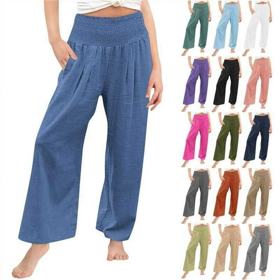 MKOSPLRT Wide Leg Linen Pants for Girl High Waist Smocked Lounge Pnats Solid Straight Wide Leg Pajazzo Pants Flowy Pants with Pocket