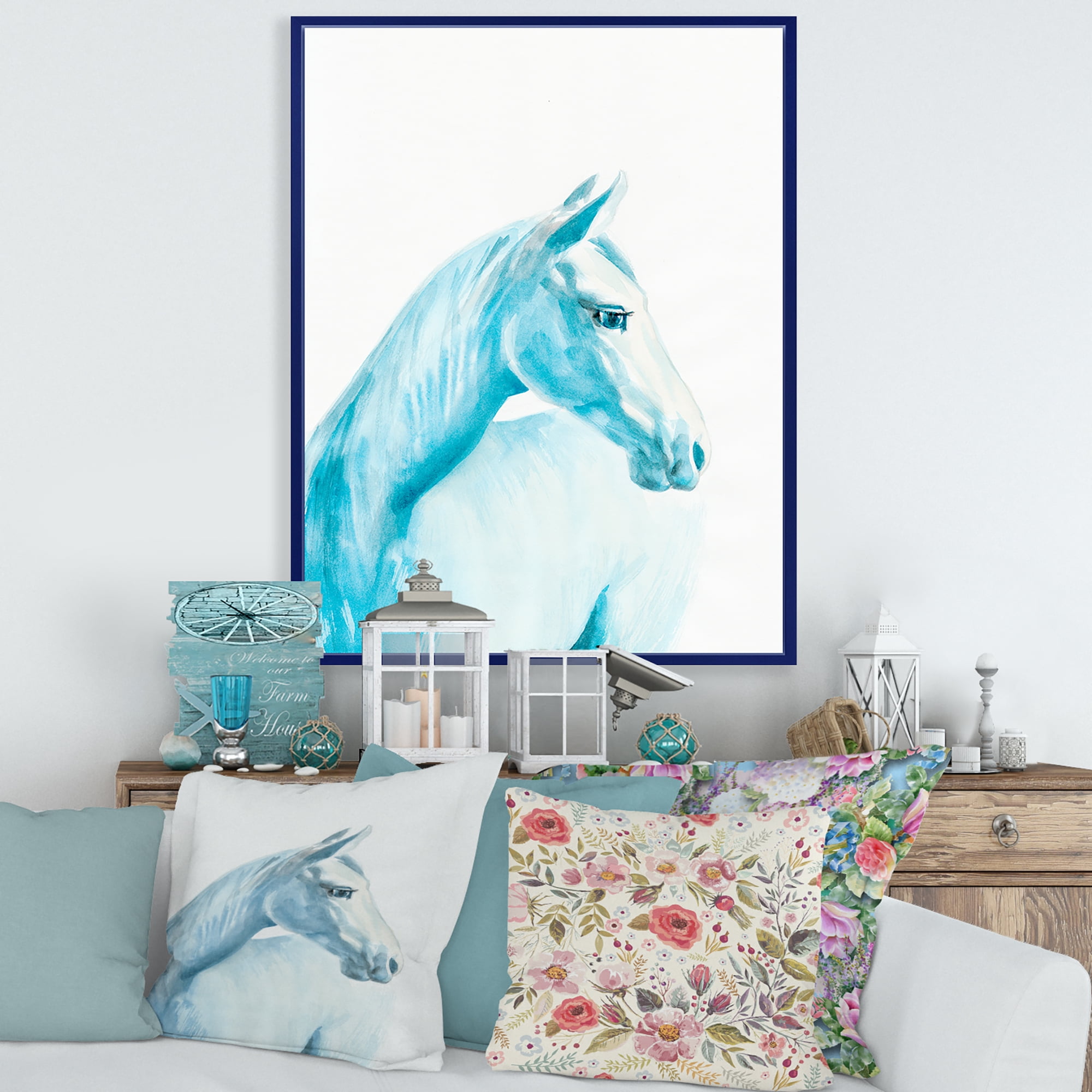 Close Up Portrait Of A Light Blue Horse 16 in x 32 in Framed Painting Canvas Art Print, by Designart
