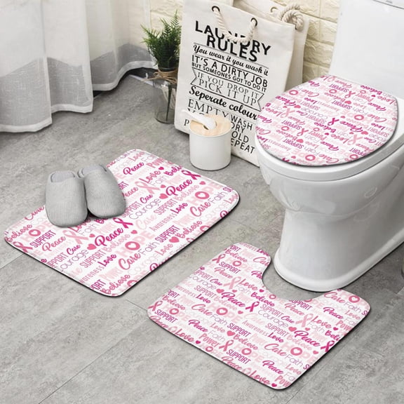 Pink Breast Cancer and Love Bathroom Rugs Sets 3 Piece,Toilet Cover Set,Absorbent Non Slip Bathroom Mats Sets with U-Shaped Contour Rug Toilet Rug Set