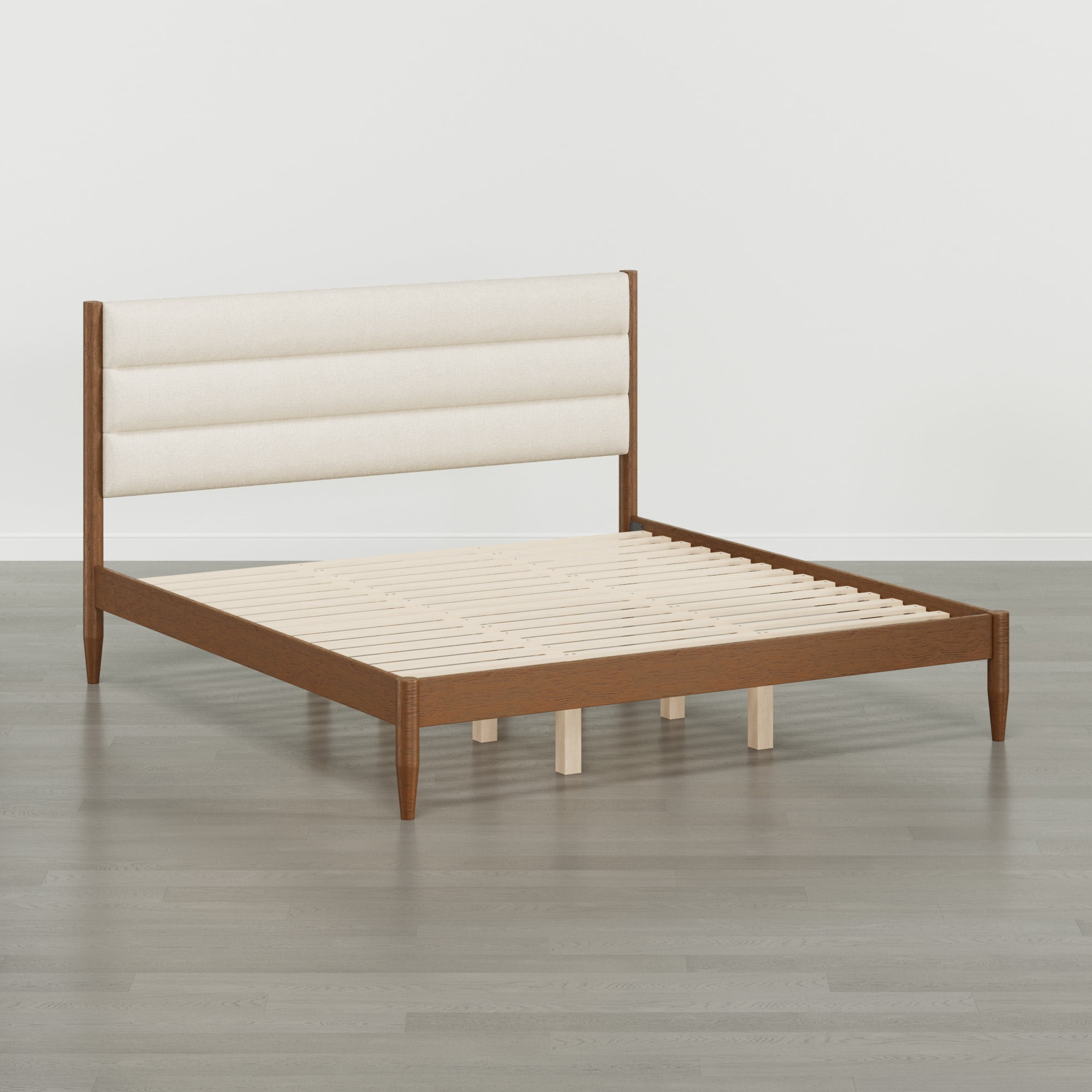 Spruce & Spring Farmhouse King Upholstered Bed Frame, Solid Rubberwood Frame, Cream Boucle Headboard, Noise-Free, No Box Spring Required, Walnut & Cream