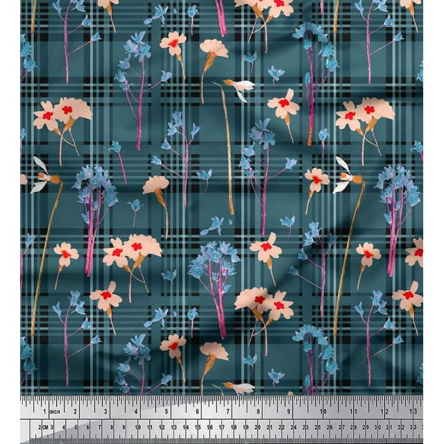 Soimoi Japan Crepe Satin Fabric Floral & Check Print Fabric by Yard 42 Inch Wide
