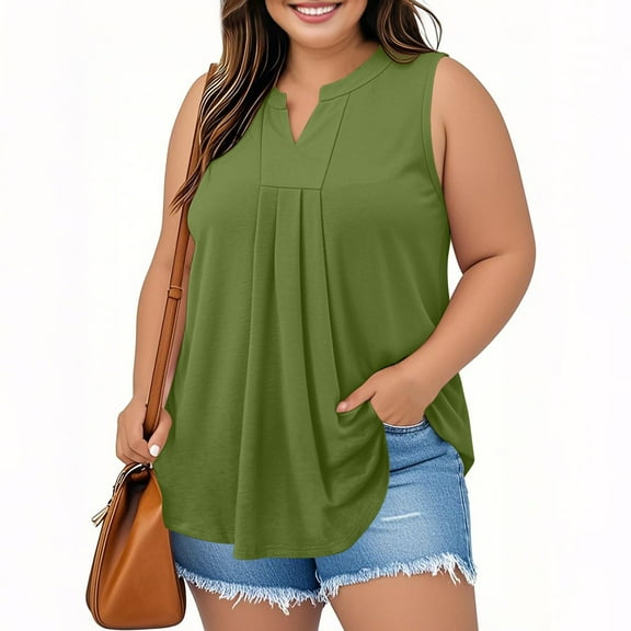 qolati Plus Size Tank Tops for Women Summer Sleeveless V Neck T Shirts Business Casual Outfits Curved Hem Flowy Tunic Oversized Clothes