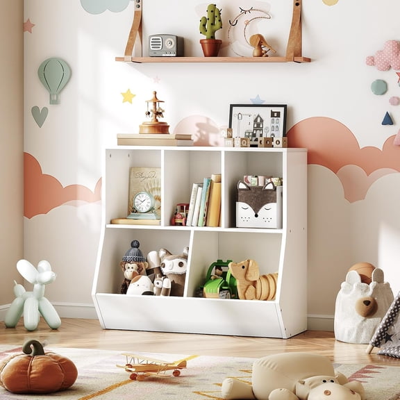 Kids Bookshelf with Storage, 5-Cubby Toy Organizer Shelf for Children's Room and Playroom, White