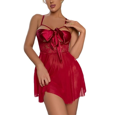 

Wrcnote Women Nightwear Sheer Chemise Floral Teddy Lingerie Lace Babydoll Ladies With Thongs Crotchless Mini Bow Tie Red S