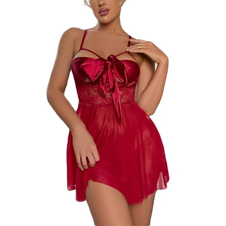 

Innerwin Ladies Chemise Lace Babydoll Lingerie Floral Teddy Nightwear Sheer Women Mini Bow Tie With Thongs Mesh Red S