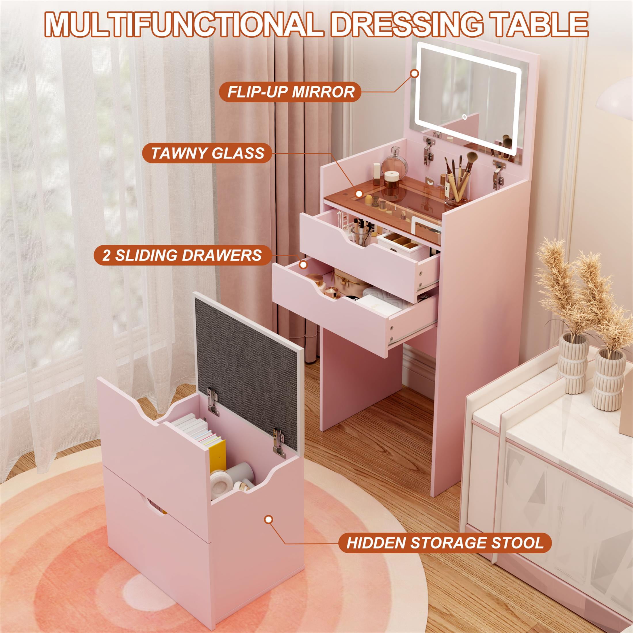 UHOMEPRO Pink Vanity Set with Mirror and a Hidden Storage Stool, 3-in-1 Multifunctional Dressing Table Set with with 3 Color Lighting Brightness Adjustable, Pretty Vanity Set for Girls, Women's Gift
