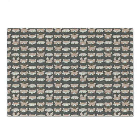 Woodsy Cutting Board, Pastel Colored Sleeping Animal Heads in Stripes Dots and Dashes, Decorative Tempered Glass Cutting and Serving Board, in 3 Sizes, by Ambesonne