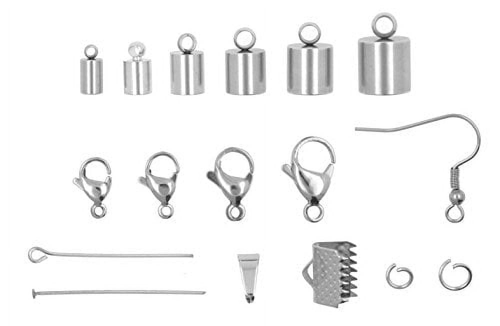 Mandala Crafts Stainless Steel Kumihimo Cord End Cap, Clasp, Ribbon Clamp, Bail Jewelry Finding Supplies Starter Kit (Endcaps, Lobster Clasps, Jump Rings, Pins, Earring Hooks, Bails, Ribbon Ends)