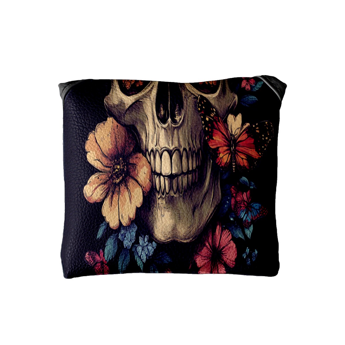 Golf Mallet Putter Cover Premium Leather Waterproof Golf Putter Head Cover with Magnetic Closure Skull with Butterflies and Flowers