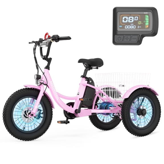 MOONCOOL Electric Tricycle for Kids ,16"x3" 3 Wheel 250W 10.4Ah Etrike W/ LED headlight & Rear Basket & horn bell & DIY stickers，6/9/12.5 MPH