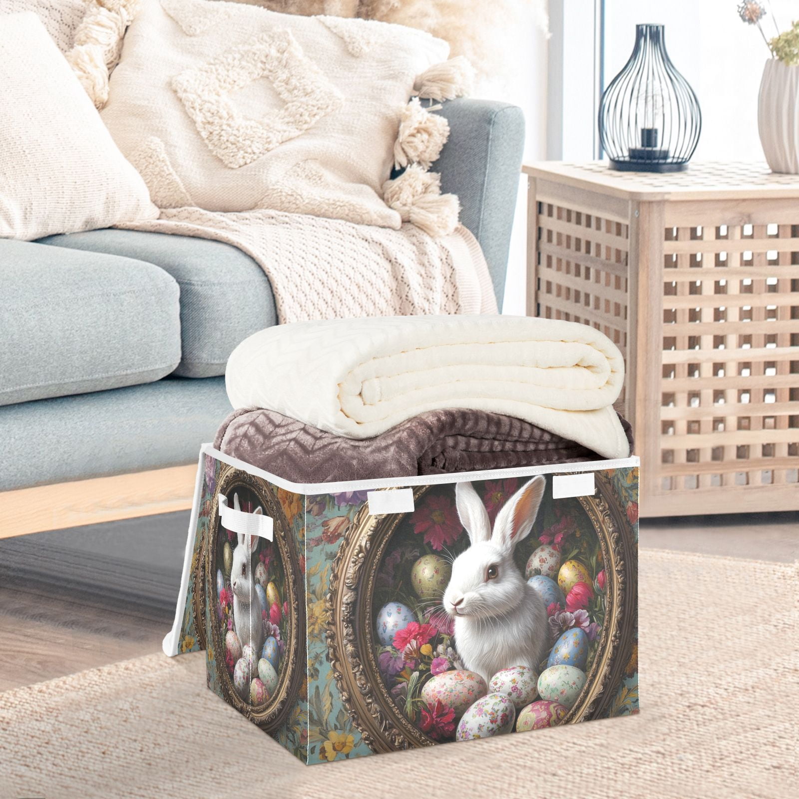 Rabbit Easter Eggs Storage Basket for Shelves Foldable Container Organizer for Organizing Toys Clothes Books with Handles