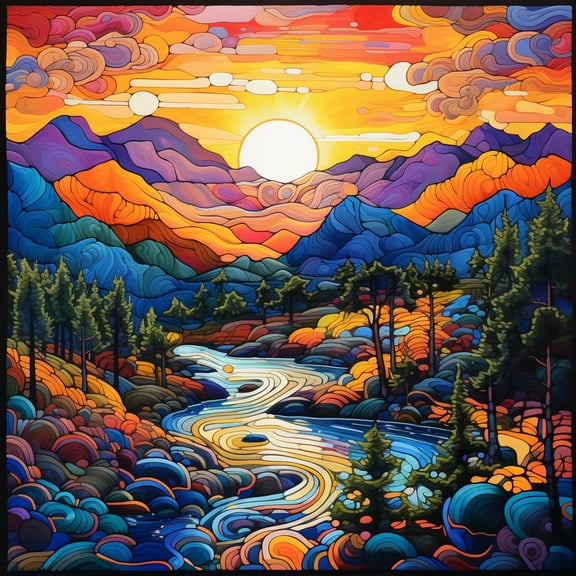 Stream Trees Sunset Mountain Landscape DIY 5D Diamond Art Painting by Number Kits for Adults Paint with Full Drill Round Diamond Gems Painting Art Craft for Home Wall Decor 13.8x13.8in