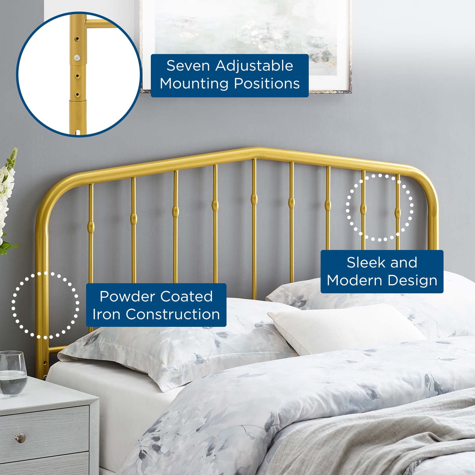 Headboard, Queen Size, Metal, Gold, Modern Contemporary Urban Design, Bedroom Master Guest Suite