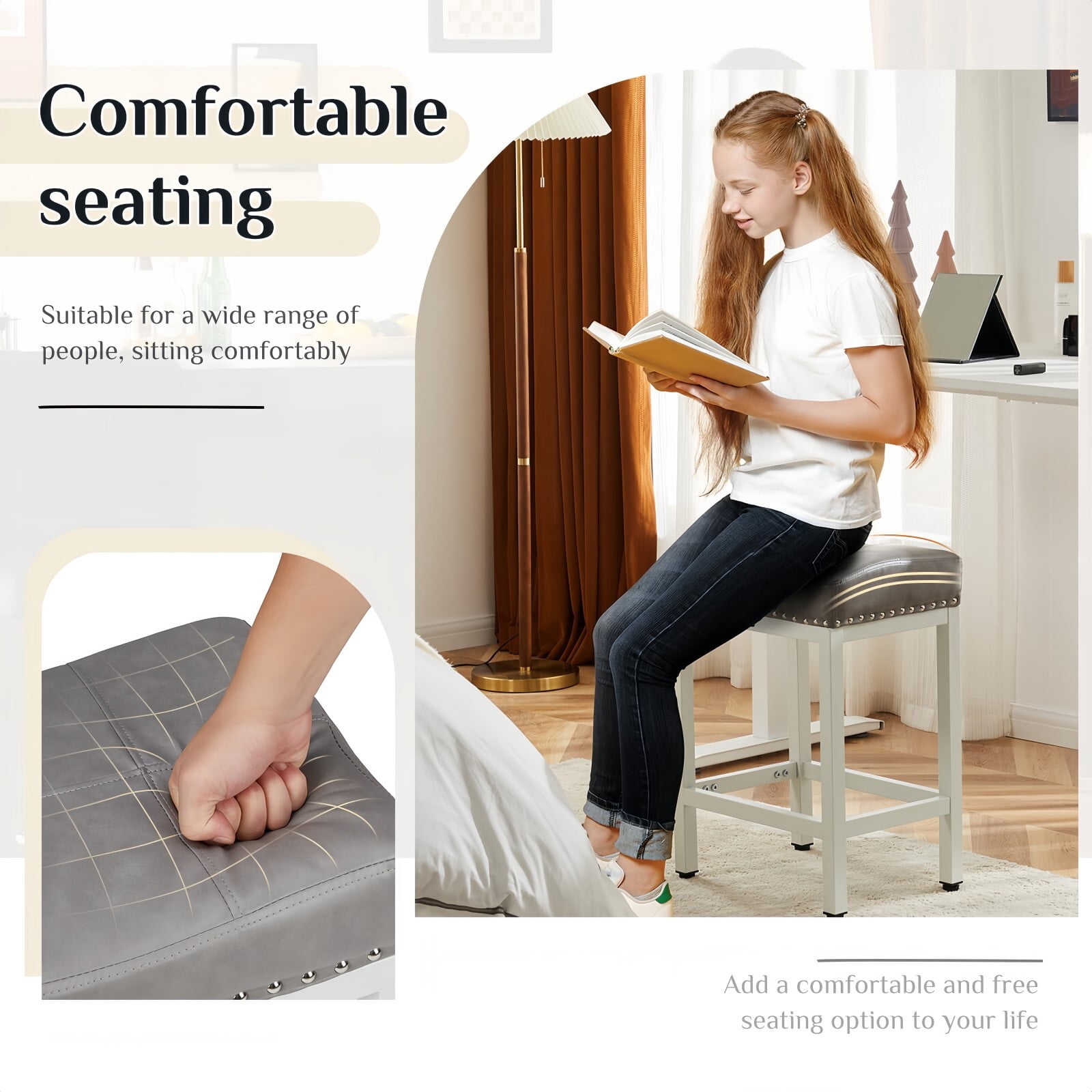 Kelno 24 Inch Saddle Bar Stool Set of 2 PU Leather Counter Stools with Steel Frame and Footrest, Gray