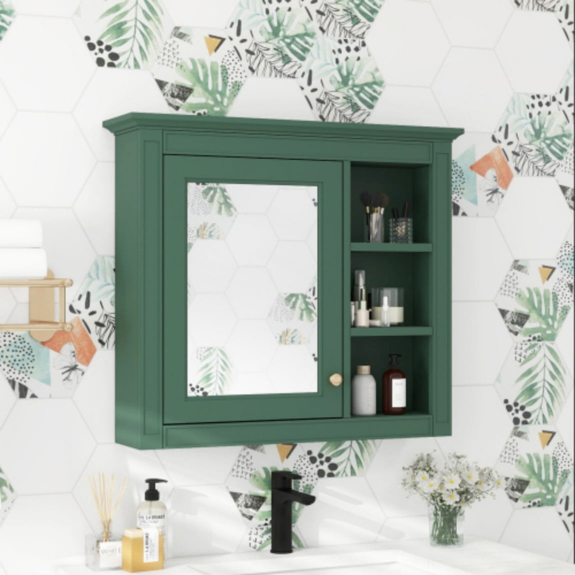 30"x 28" Wall Mounted Bathroom Medicine Cabinet with Mirror, Bathroom Storage Cabinet with Adjustable Shelf & 3 Open Shelves, Modern MDF Mirror Cabinet, Green