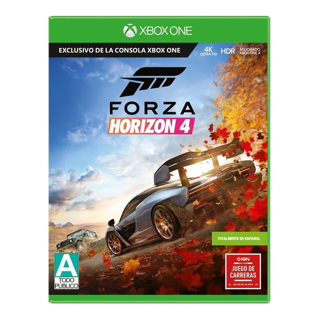 forza horizon 4 xbox one físico caja del juego para Xbox One con portada otoñal: deportivo plateado derrapando entre hojas rojas y naranjas, un 4x4 al fondo, logotipo 'Forza Horizon 4' en el centro, rótulo 'Exclusivo de la consola Xbox One' y sello de clasificación 'A Todo Público'.