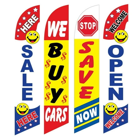 4 Advertising Swooper Flags Sale Here We Buy Cars Save Now Welcome Open