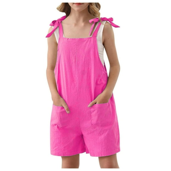 Girls Jumpsuits Sleeveless Spaghetti Strap Loose Overalls Rompers Short Pants with Pockets Clothes for Girls 7-8