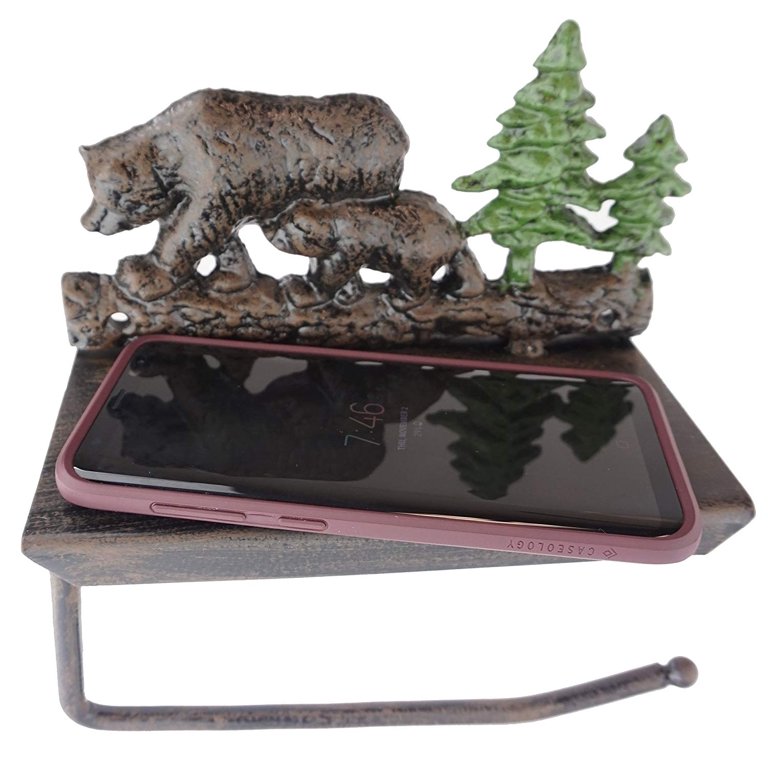 Lulu Decor Cast Iron Bear Toilet Paper & Towel Holder Set – Rustic Bathroom Organizer With Flat Shelf