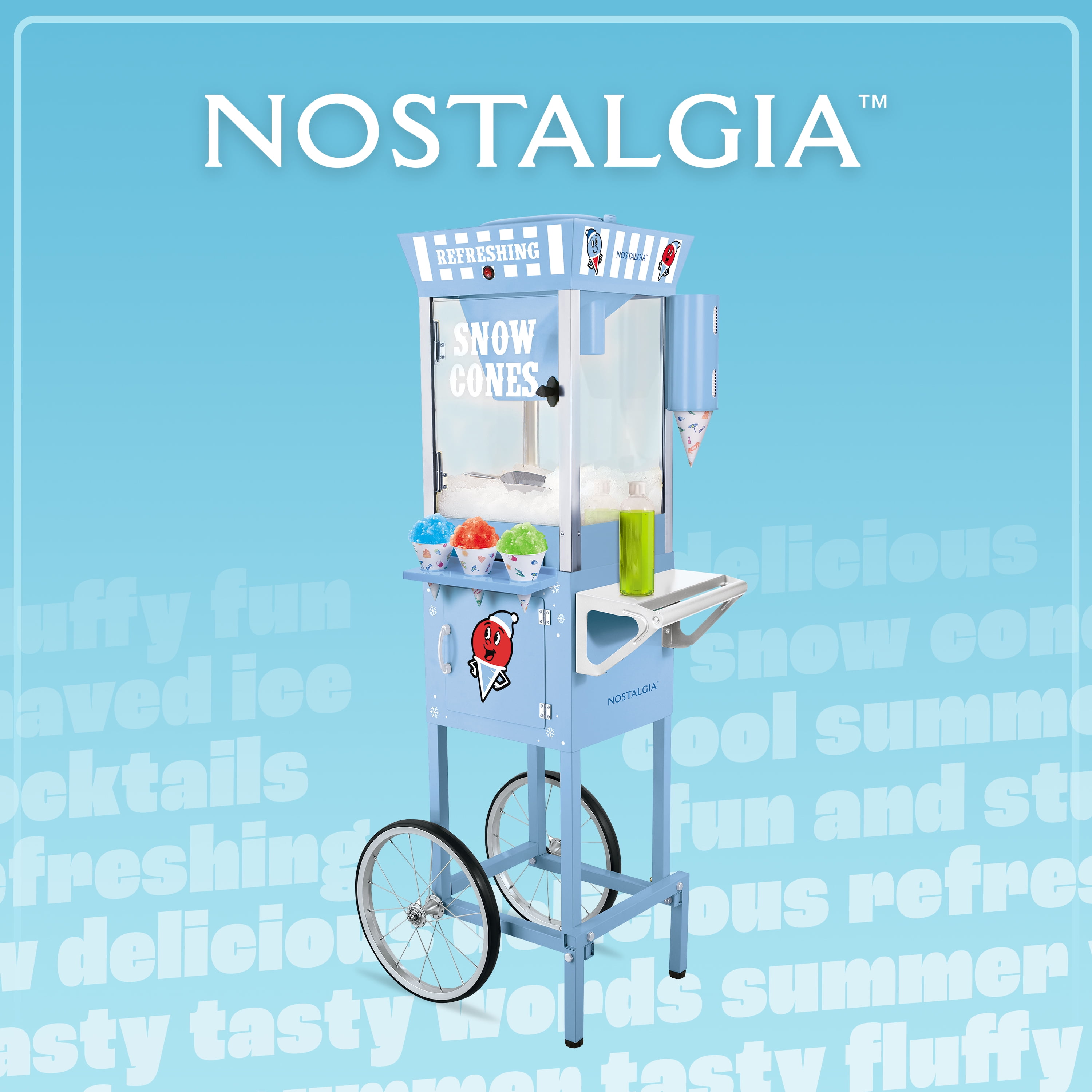 Nostalgia 54-Inch Retro Snow Cone Maker Cart and Shaved Ice Machine with Side Shelf, Blue