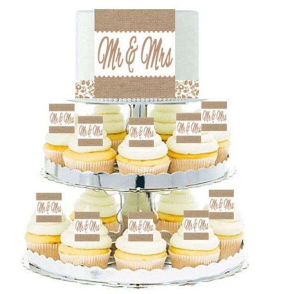 Mr & Mrs Burlap Wedding Edible Photo Toppers & Edible Cupcake Decoration Kit