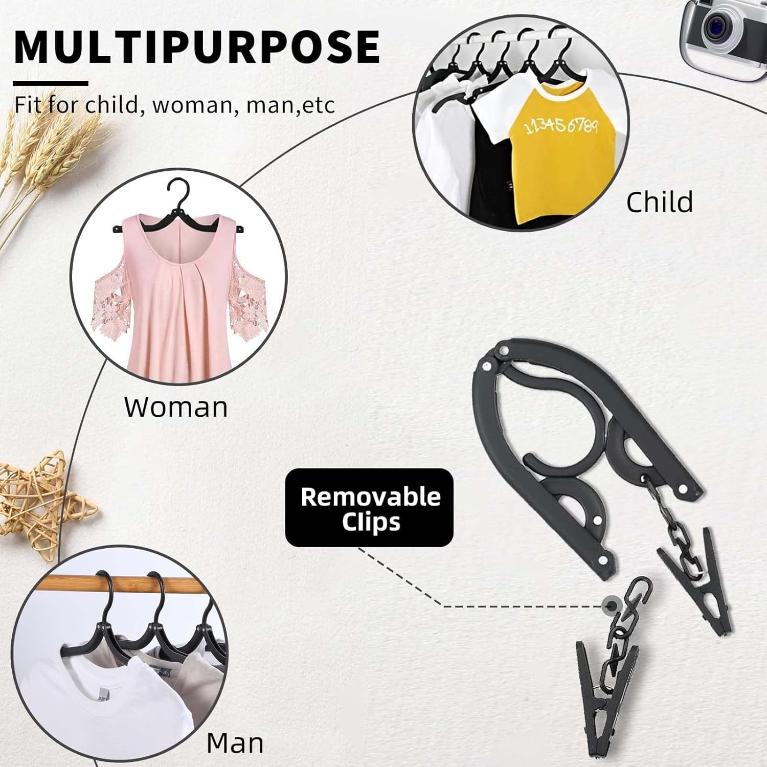 12pcs Black Travel Hangers with 24pcs Clips Foldable for Suitcase, Portable Folding Clothes Hangers, Cruise Ship Essentials Drying Rack for Portable Travel Accessories