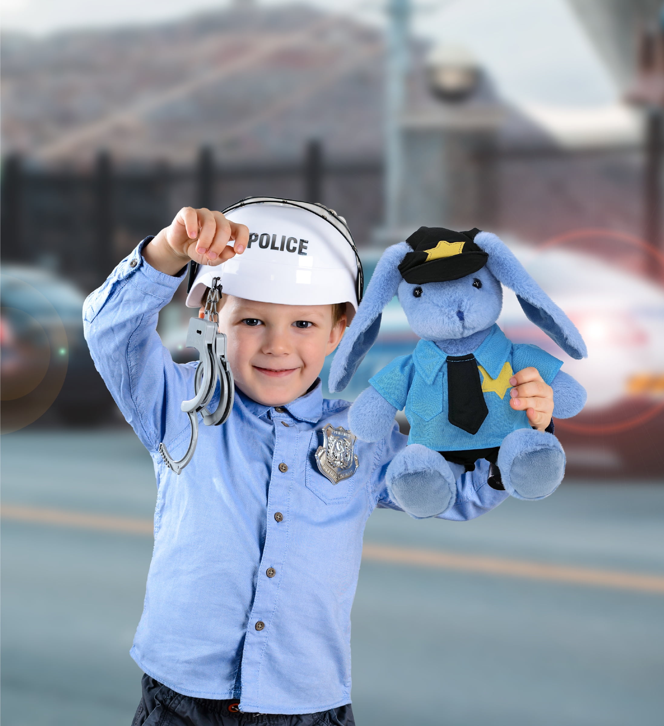DolliBu Baby Blue Rabbit Police Officer Plush Toy – Super Soft Blue Rabbit Cop Stuffed Animal Dress Up Cop Uniform and Cap Outfit, Fluffy Blue Rabbit Policeman Toy Plush Gift for Kids – 8 Inches