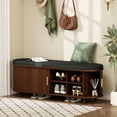 thumbnail image 3 of 2-Tier Storage Bench,Wide Shoe Bench with Thickened Padded Seat Cushion, Mid Century Modern Fluted Sliding Door and Adjustable Shelf, for Entryway, Living Room, Bedroom (Walnut, 51.2”), 3 of 6