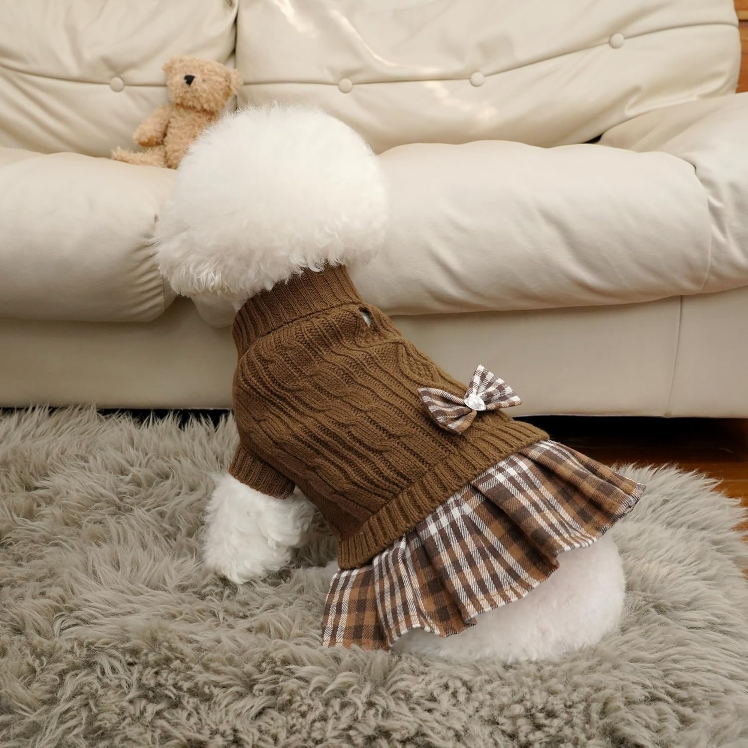 Girl Dog Sweater Dress with Bowtie Turtleneck Small Dogs Sweater with Leash Hole, Knitted Small Dog Sweaters Dress Puppy Winter Clothes for Yorkies Chihuahua (Large, Brown)