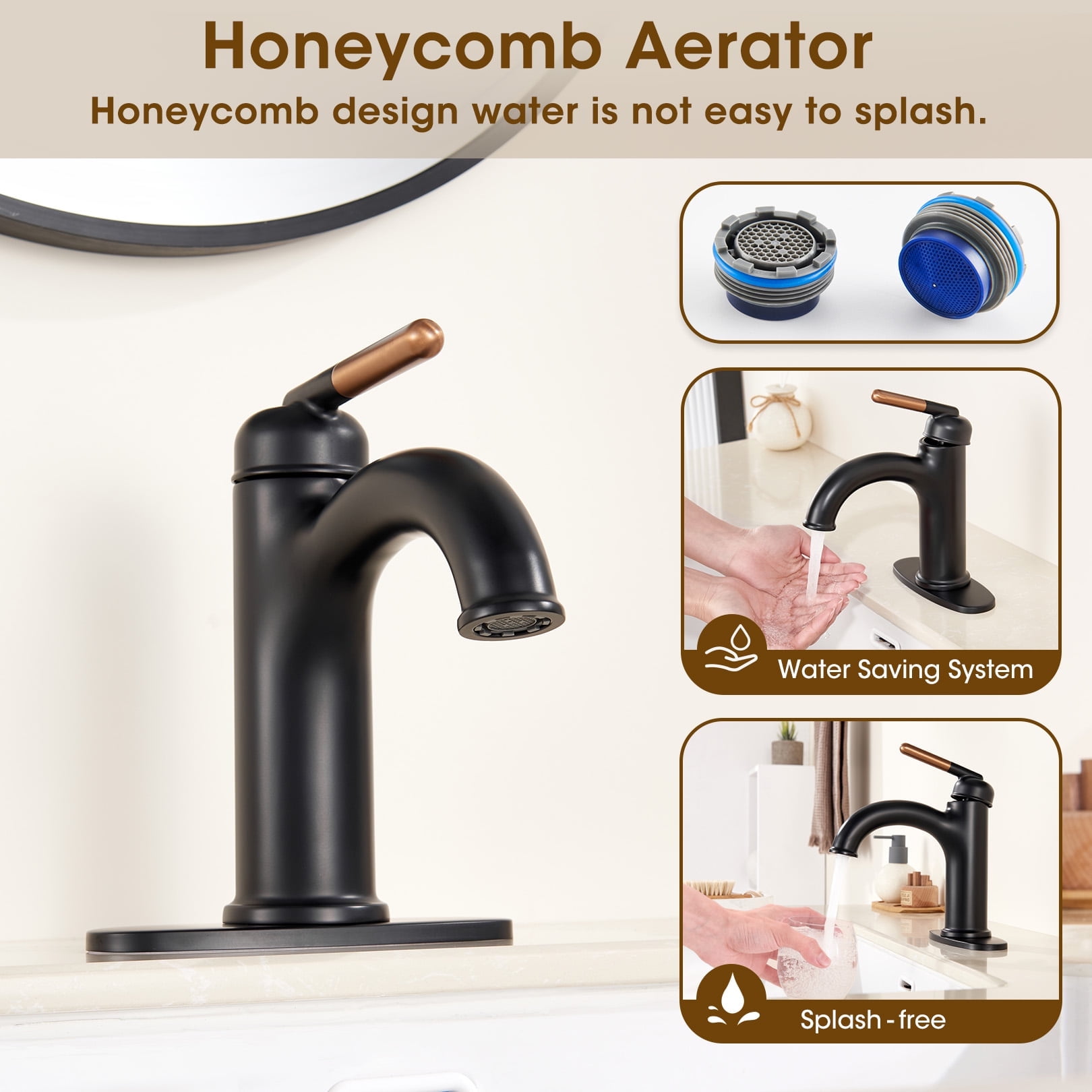 Wowkk Bathroom Faucet Rose Gold Matte Black Bathroom Sink Faucets Single Handle Vanity Faucet Pop-Up Drain Included, Modern RV Faucet with Water Supply Line and Deck Mount 1 Hole or 3 Hole