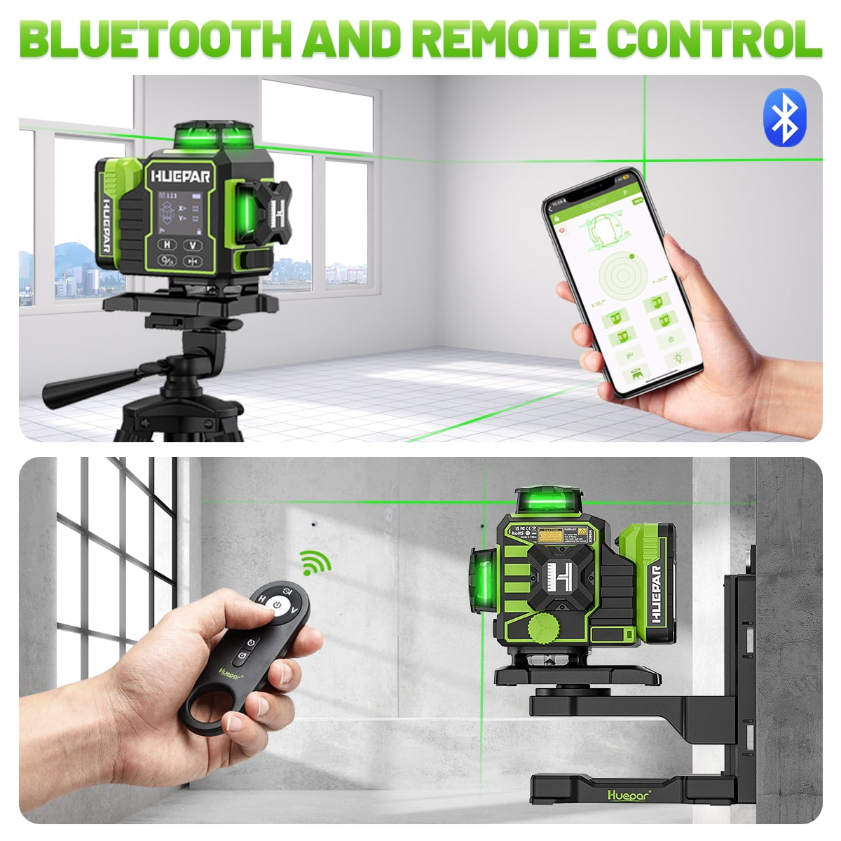 Huepar 4×360°Self-Leveling Laser Level with Backlit LCD Screen Remote Control Outdoor Pulse Mode Laser Tool with Bluetooth