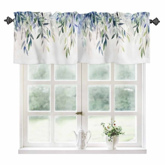 Blue Green Leaves Kitchen Valances for Windows 42x12 Inch Kitchen Curtains Valances Rod Pocket Watercolor Spring Botanical Branches Bathroom Window Valances for Window Treatment Decor