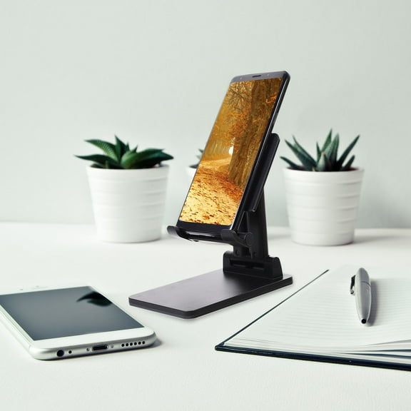 Homoyoyo Black Metal Foldable Phone Stand with Charging Port Compatibility for All Devices, Portable and Adjustable Holder