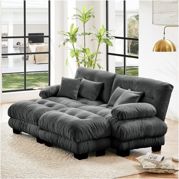 JERFIT Cloud Couch Sofa with Ottomans, 2 Seater Chenille Convertible Sectional for Living Room, Modern Sleeper Sofa with Pillows, Gray