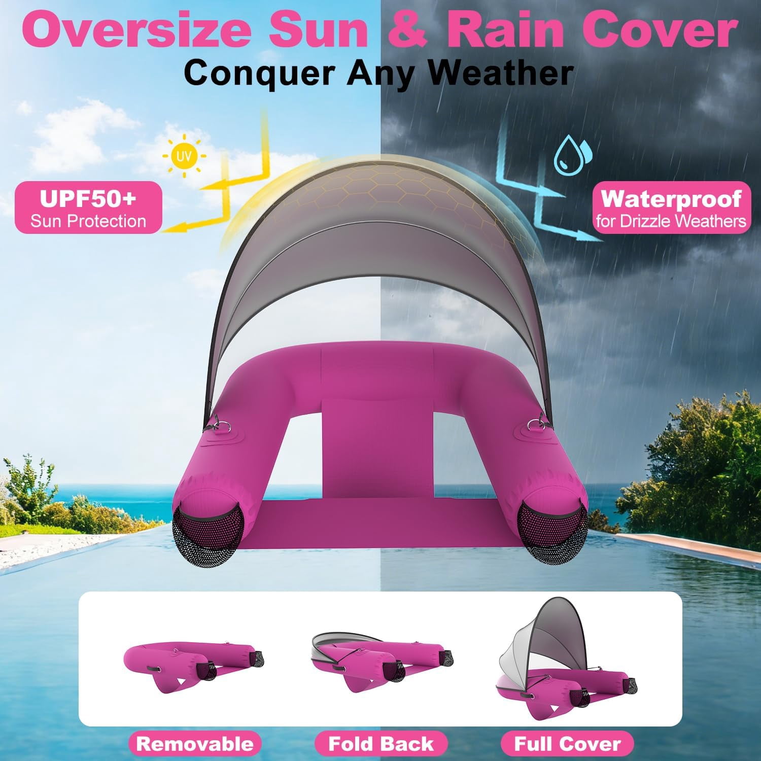 Pipopa Adult Inflatable Pool Floats&nbsp;with UPF50+ & Rain Canopy,2 Large Drink Holders,Inflatable Lounger Float for Swimming Pool,Beach,Party,Pink