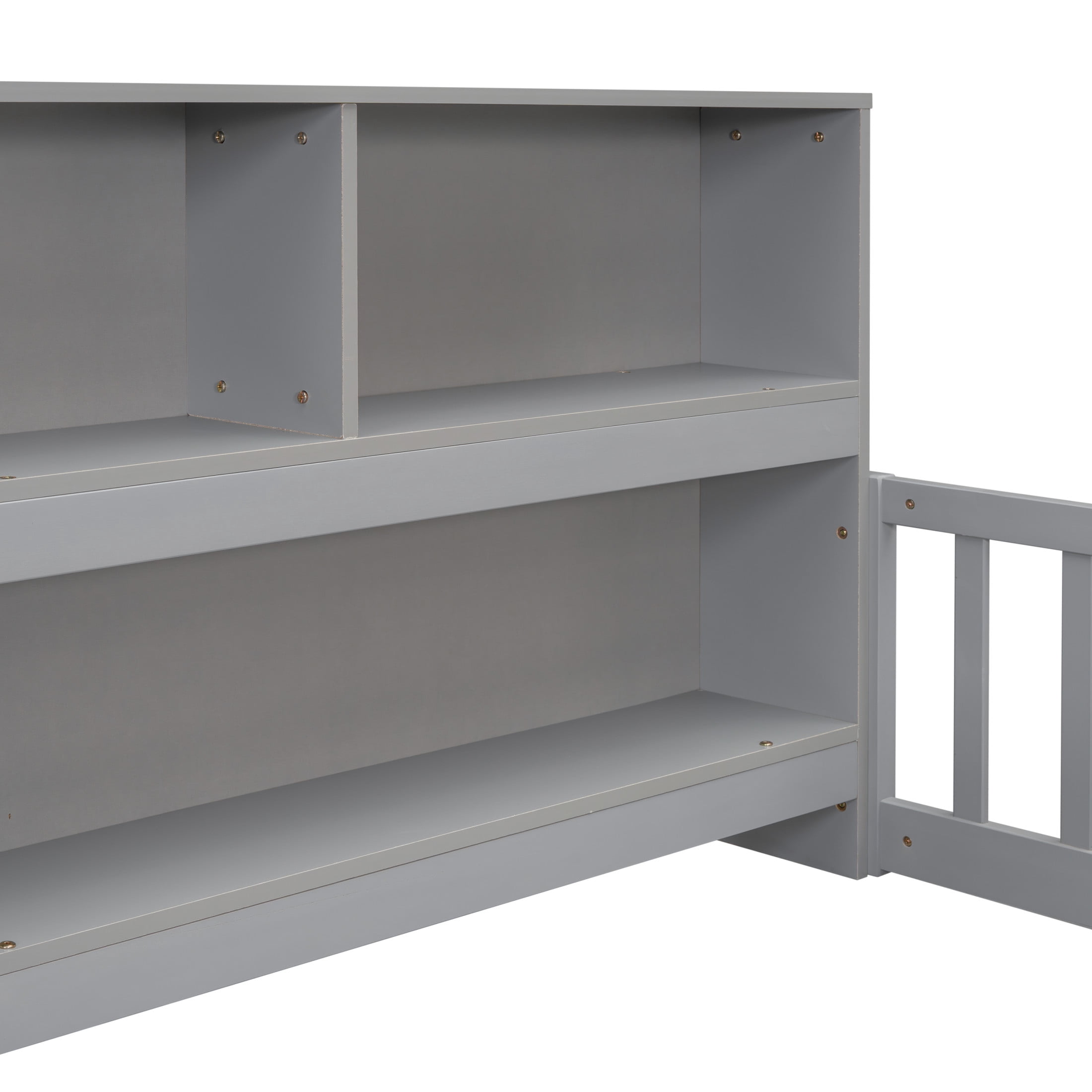 Noble House Lester Twin Size Floor Bed, Pine Wood Frame with Side Bookcase, Shelves, and Guardrails for Kids, Grey