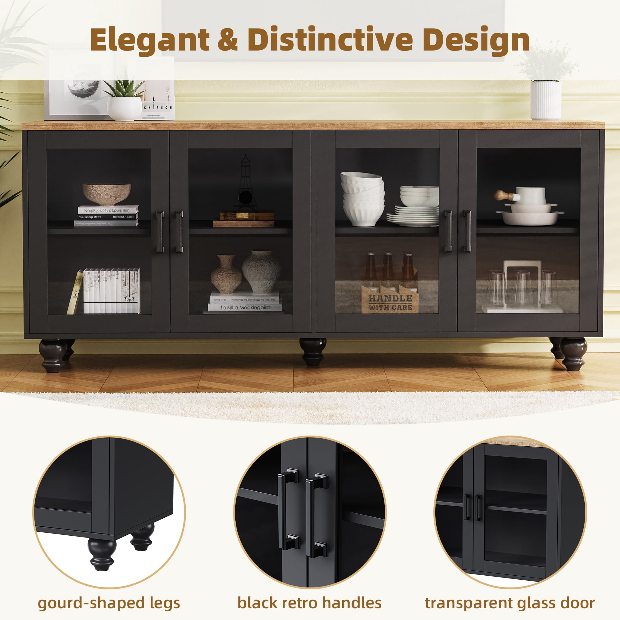 Aukfa Farmhouse TV Stand for TVs Up to 70",Sideboard Storage Buffet Cabinet, Glass Doors & Adjustable Shelves, Black